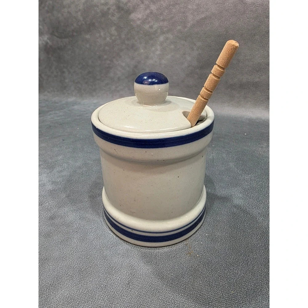 Vintage Stoneware Honey Pot with Lid and Wooden Dipper Blue Cream Ceramic Jar